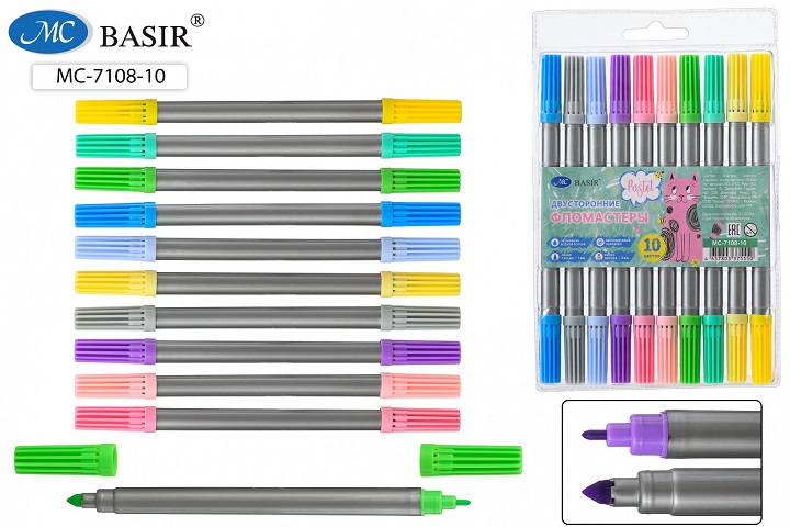 Фломастеры 10цв. "КОТИК" Pastel двусторонние линия письма 1mm и 3mm МС-7108-10